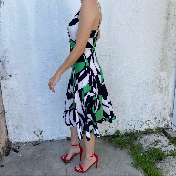 Sharon Max Black White Green Abstract Pint Tie Front Knot Tank Sleeveless Dress! - Picture 4 of 7